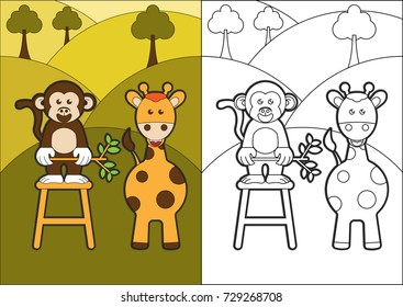 monkeys feed the giraffe vector cartoon for coloring book or page