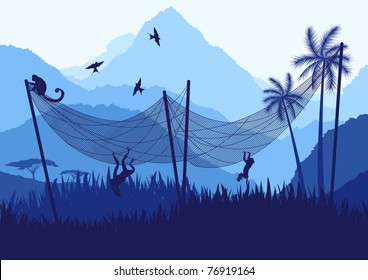 Monkeys and fishing net in wild nature landscape
