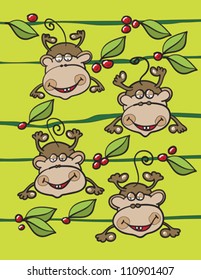 monkeys fruits and leaves, abstract vector art illustration