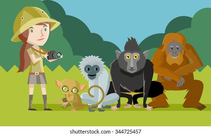 monkeys and girl taking pictures