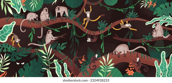 Monkeys in green jungle. Exotic ape animals among branches tree leaves, lianas in tropical forest. Primates, macaque and lemur, in wild nature dense rainforest landscape. Flat vector illustration