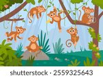 Monkeys hang on vines. Funny monkey in tropical forest, meditation, eating banana, having fun. Cute cartoon exotic wild animals, classy vector rainforest scene