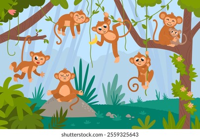 Monkeys hang on vines. Funny monkey in tropical forest, meditation, eating banana, having fun. Cute cartoon exotic wild animals, classy vector rainforest scene