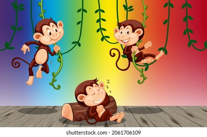 Monkeys hanging on liana on rainbow gradient background illustration
