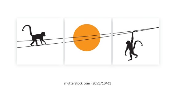 Monkeys hanging on rope on sunset, vector. Three pieces minimalist poster art design. Monkey silhouette illustration isolated on white background. Wall art, artwork, wall decals. Canvas art printing