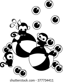 Monkeys having a dancer on the balls, and juggling with balls