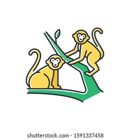 Monkeys in jungle color icon. Tropical country animals, mammals. Exploring exotic Indonesia wildlife. Primates sitting. Visiting Balinese forest fauna. Isolated vector illustration