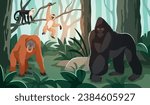 Monkeys in jungle. Exotic animals in nature, gorilla, orangutan and little primates, tropical forest, plants and trees. Wild mammals cartoon flat isolated illustration, tidy vector concept