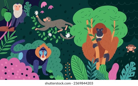 Monos en la jungla. Caricatura divertida con personajes animales en un colorido bosque tropical. primates exóticos de diferentes razas. Bosque tropical. Chimpancé en la rama de árbol. Garish