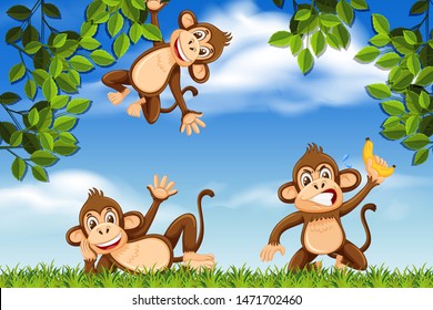 Monkeys in jungle scene illustration