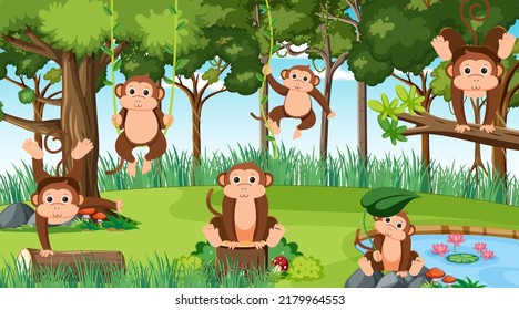 Monos en la ilustración de la escena de la jungla