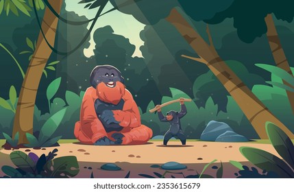 Monkeys in jungle. Wildlife exotic landscape with cute apes on palm foliage, cartoon primates climbing lianas and trees in tropical forest. Vector flat background. Wild characters outdoor