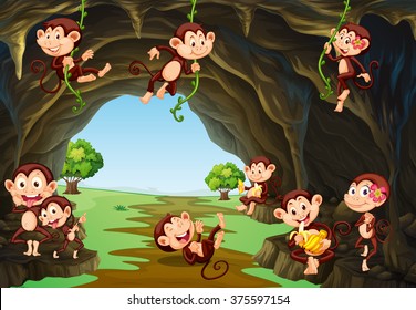 Monkeys living in the cave illustration