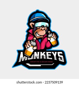 Monkeys mascot logo design illustration vector. Geek monkey logo. Chimpanzee holding pilok paint
