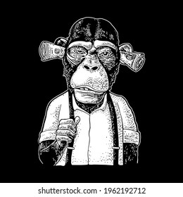 Monkeys with money on ears. Vintage white engraving illustration for poster and t-shirt. Isolated on black background
