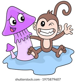 monkeys and mushrooms are having fun together welcoming the holidays, vector illustration art. doodle icon image kawaii.