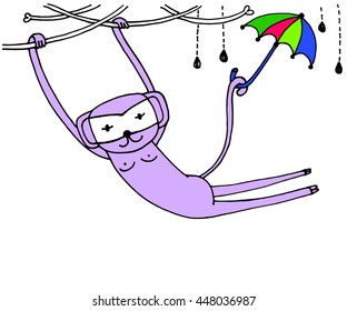 Monkeys are the nodes, branches and tail caught the umbrella spread, Art colouring book, hand drawn, illustration bird, T-shirt Graphics, cute cartoon characters 