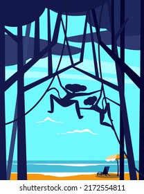 Monkeys on a tree near the beach. Vector illustration.