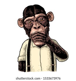 Monkeys with palm on mouth. Not speak. Vintage color engraving illustration for poster, web, t-shirt, tattoo. Isolated on white background