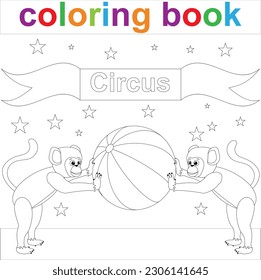 Los monos juegan con una pelota. Plantilla de página del libro de coloreado para niños. Ilustración del vector 