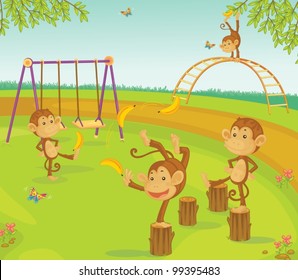 Monkeys in a playground with bananas