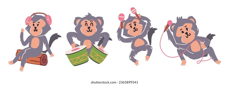 Monkeys are playing music . Cute cartoon characters . Hand drawn style . White isolate background . Vector .