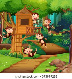 Monkeys playing at the treehouse illustration
