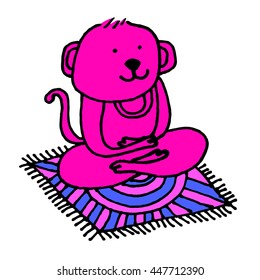 Monkeys are pretending to meditate on the colourful rug, Art colouring book, hand drawn, illustration bird, T-shirt Graphics, cute cartoon characters 