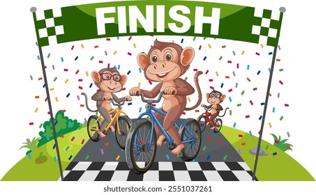 Monkeys racing bicycles under a finish banner