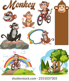 Monkeys riding bikes and enjoying nature scenes