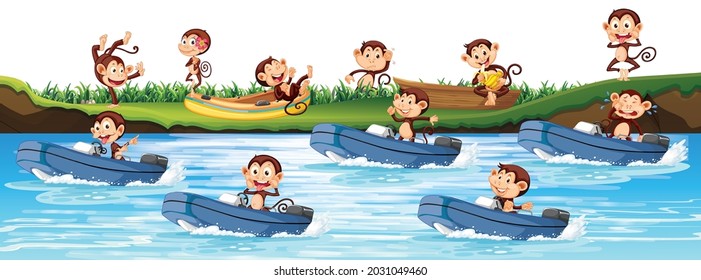 A lot of monkeys riding motor boat in the river illustration