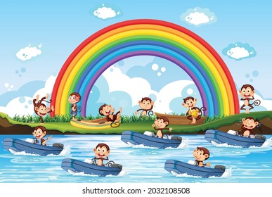 A lot of monkeys riding motor boat in the river illustration