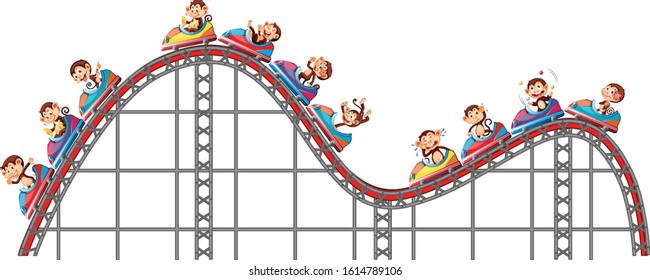 Monkeys riding on roller coaster on white background illustration