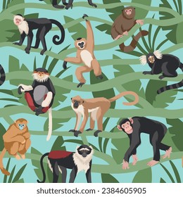 Monkeys seamless pattern. Tropical forest with lianas and different breeds funny primates, various poses in leaves, childish textile, wrapping paper, wallpaper design. Tidy vector background