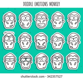 Monkeys set from 15 emotions doodle.  Elements of design of labels, cards, brochures, 