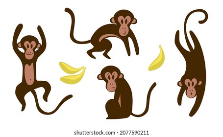 monkeys set character cartoon hand drawn style vector clipart illustration