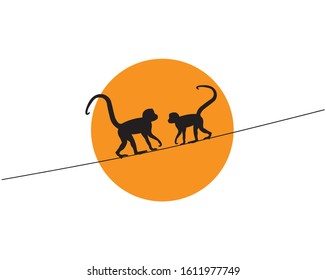 Monkeys silhouettes on wire on sunrise/sunset in nature, vector. Monkeys illustration sticker isolated on white background. Scandinavian minimalist poster design. Wall decals, wall artwork