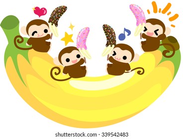 The monkeys sitting on a big banana, and eating delicious chocolate bananas