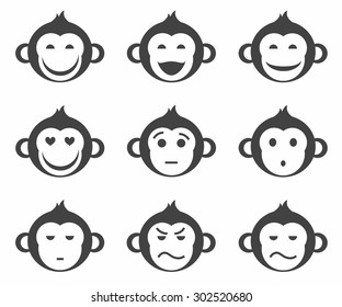 Monkeys, smiley, small, icon, monochrome. Monochrome, simple, concise, smileys, icons, monkeys. Different emotions.  