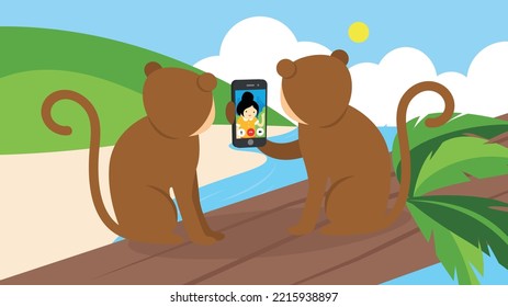 Monkeys talking via video link sitting on a tree by the sea