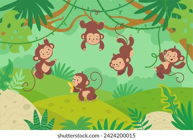 Monkeys in tropical forest. Cartoon monkey hang on vine, jungle wild funny characters. Rainforest animals, childish nowaday vector illustration