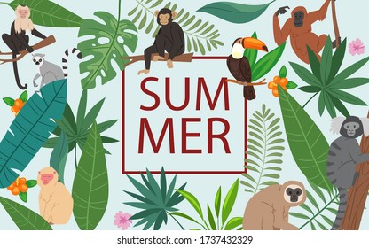 Monos y hojas tropicales y afiche de ilustraciones vectoriales de marco de verano. Animales de la jungla de dibujos animados, fondo floral de hojas de palma con monos exóticos de la jungla y carteles de venta de mono para el verano.