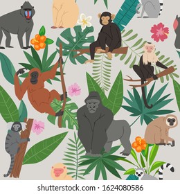 Monkeys and tropical leaves and trees vector seamless pattern. Cartoon jungle animals, hibiscus flower, palm leaves floral background with exotic jungle monkeys and ape wallpaper.