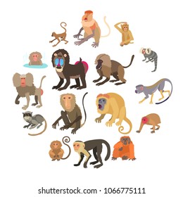 Monkeys types icons set. Cartoon illustration of 16 monkeys types vector icons for web