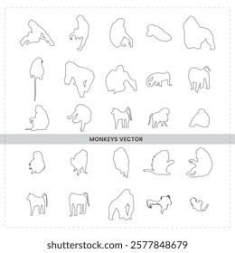 Monkeys in various poses minimalist animal sketches, Simple line drawings,  black and white illustrations and single-line monkey figures, graphic design elements, monkey species variety 