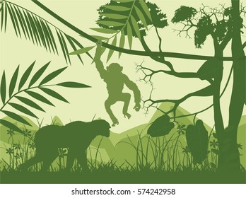 Monkey's vector silhouettes, green jungle silhouettes in background