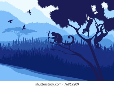 Monkeys and wild nature landscape