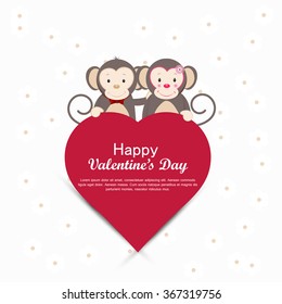 Monkeys wishing valentines day, Vector heart shape message box design with monkeys for valentines day.