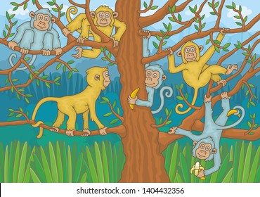 Monkies in various poses in jungle. Funny cartoon and vector illustration