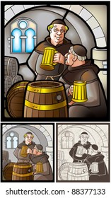 Monks drinks beer. Pictures are stylized by stained-glass window, illustration and engraving.